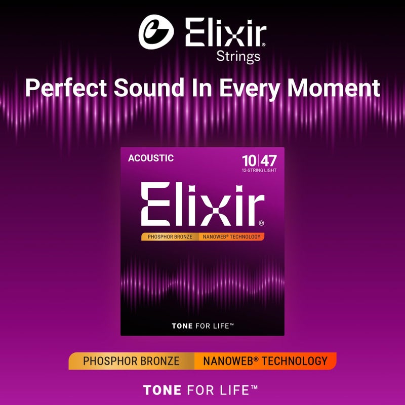Elixir Strings, Acoustic Guitar Strings, Phosphor Bronze with NANOWEB Technology, Longest-Lasting Rich and Full Tone For Life with Comfortable Feel, 12 String Set, 12-String Light 10-47 - Image 2